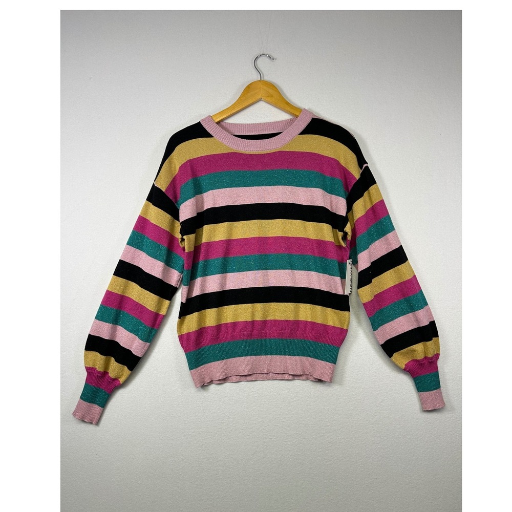 Retro Mod Nine West Womens Medium Multicolor Metallic Striped Crew Neck Sweater
